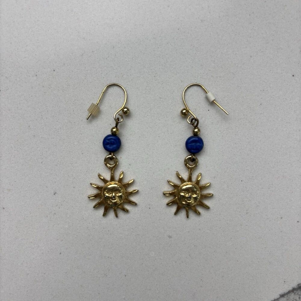 Celestial Sun Face Dangle Earrings Gold Tone Blue Sunburst Cosmic Boho Jewelry - Picture 2 of 7